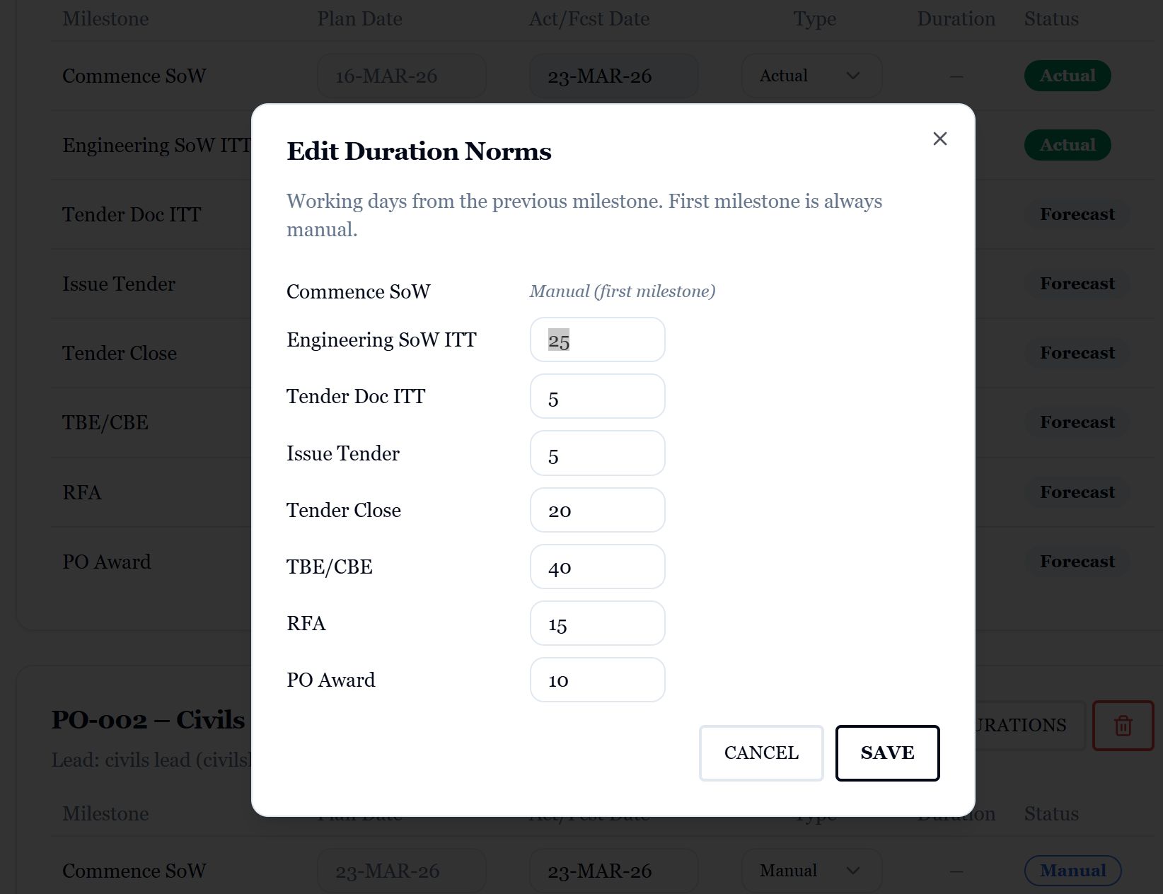 Editing per-milestone durations for a contract in the CPDS app